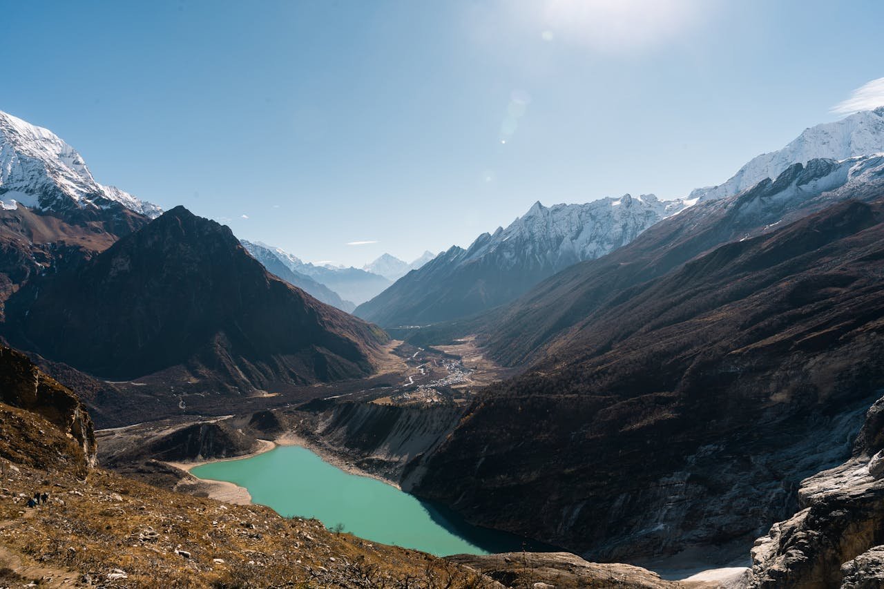 services-02 Expansive view of a stunning Himalayan valley with a turquoise lake under clear skies in Nepal.